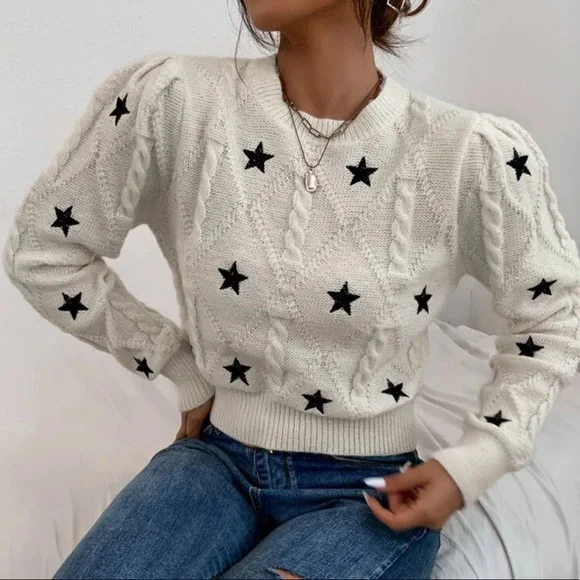 Star sweater cable knit womens cream white top long sleeve - Picture 5 of 6